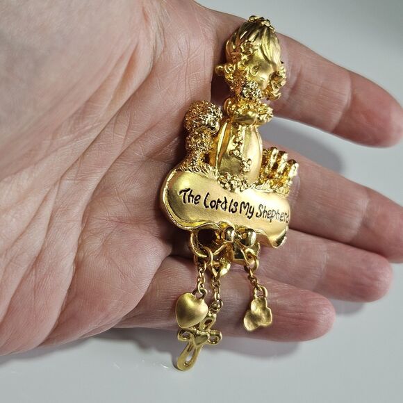 Vintage PMI Precious Moments gold tone Brooch The Lord is My Shepherd w/charms - Picture 3 of 10